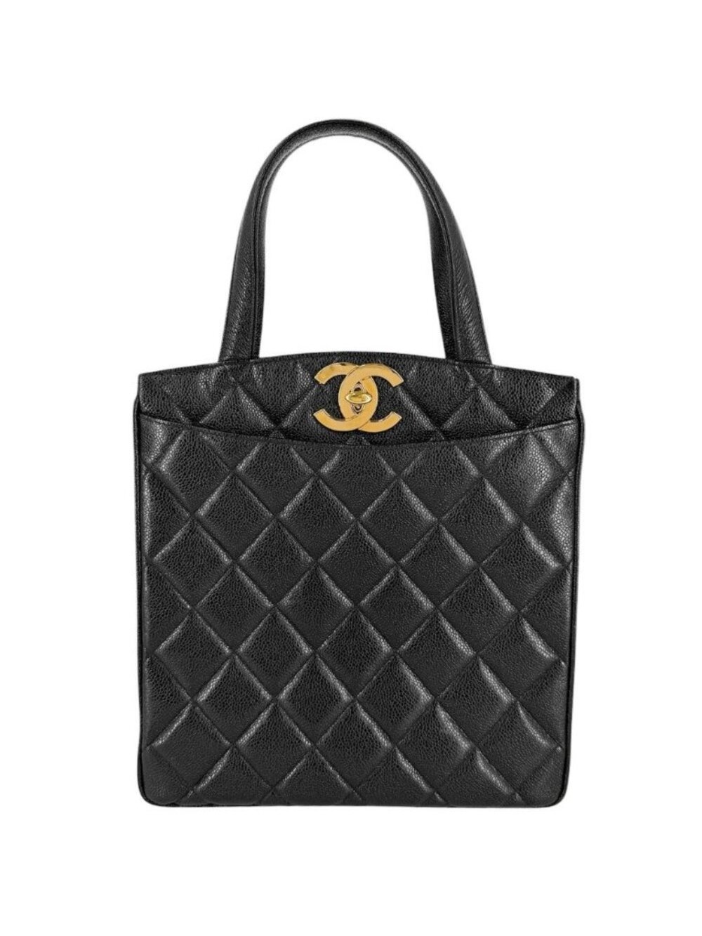 Chanel Handbag Quilted CC Logo Tote Shoulder Black Gold